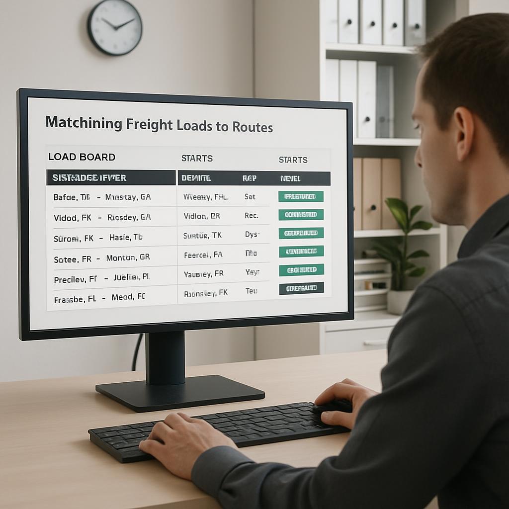 A man looks at a computer screen displaying a freight load scheduling list, titled "Matching Freight Loads to Routes."