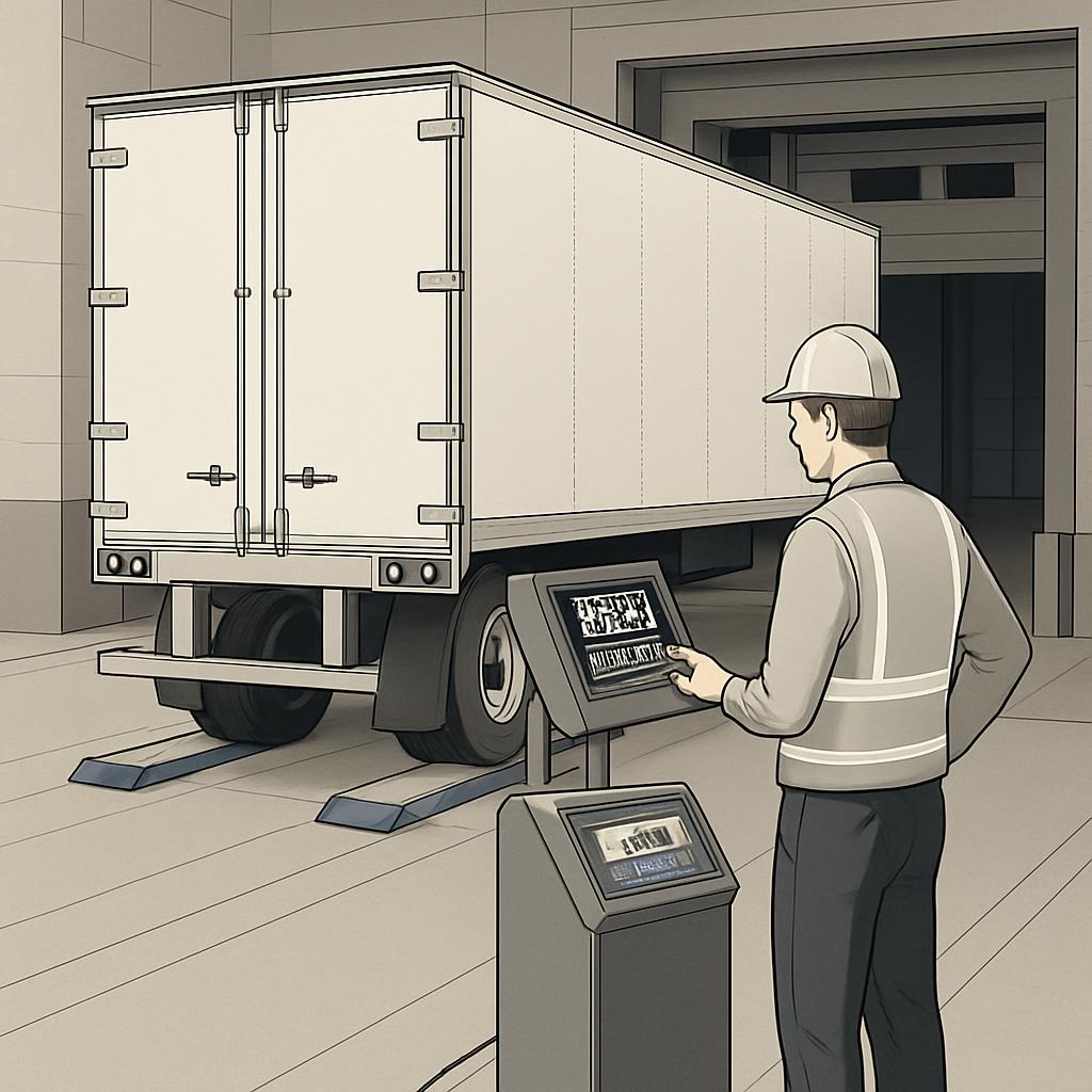 Man in hard hat standing by a computer and a semi truck in a warehouse.