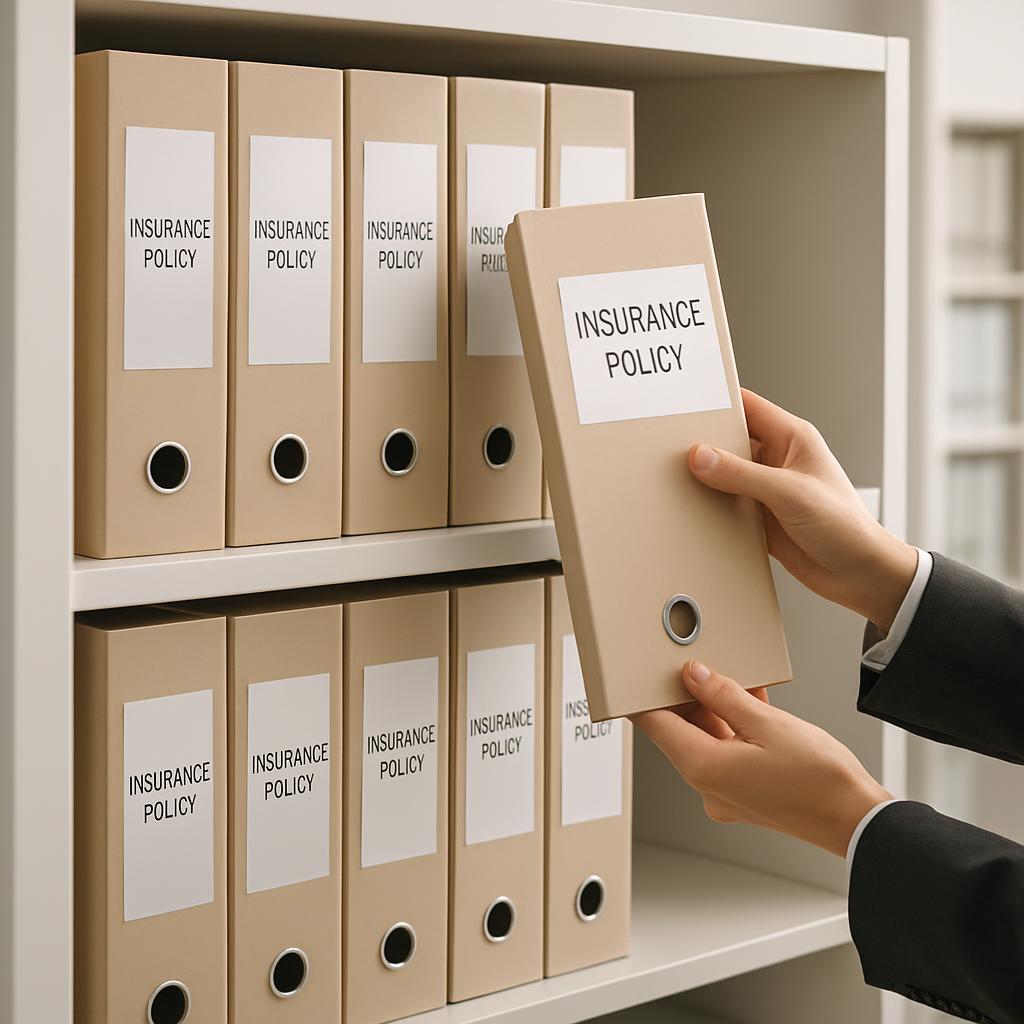 A person in a business suit reaches for a file labeled "INSURANCE POLICY" from a shelf containing multiple files with iden...