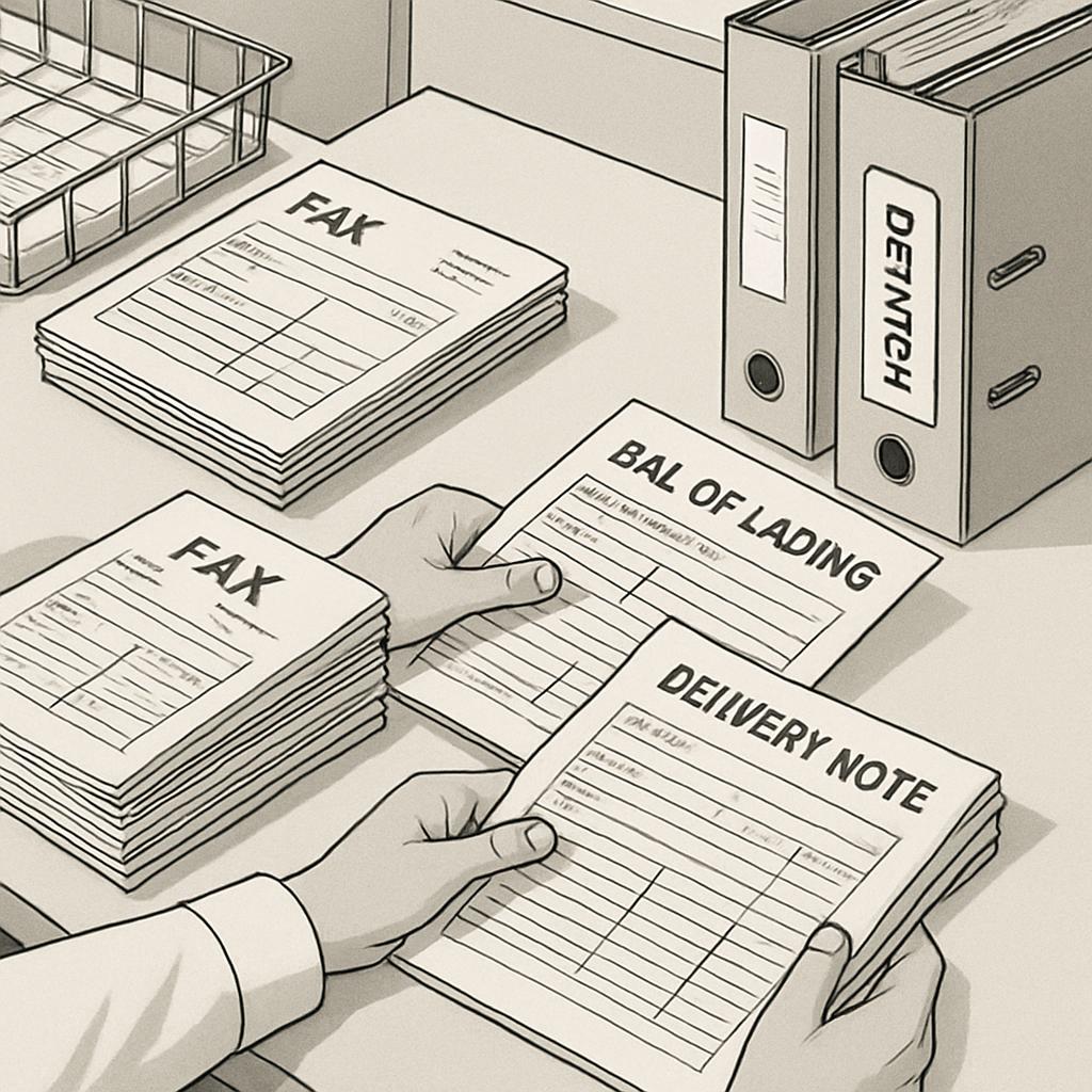 Black and white drawing of office worker holding forms labeled "fAX " and "DELIVERY NOTE", there is an elevated copy of a ...