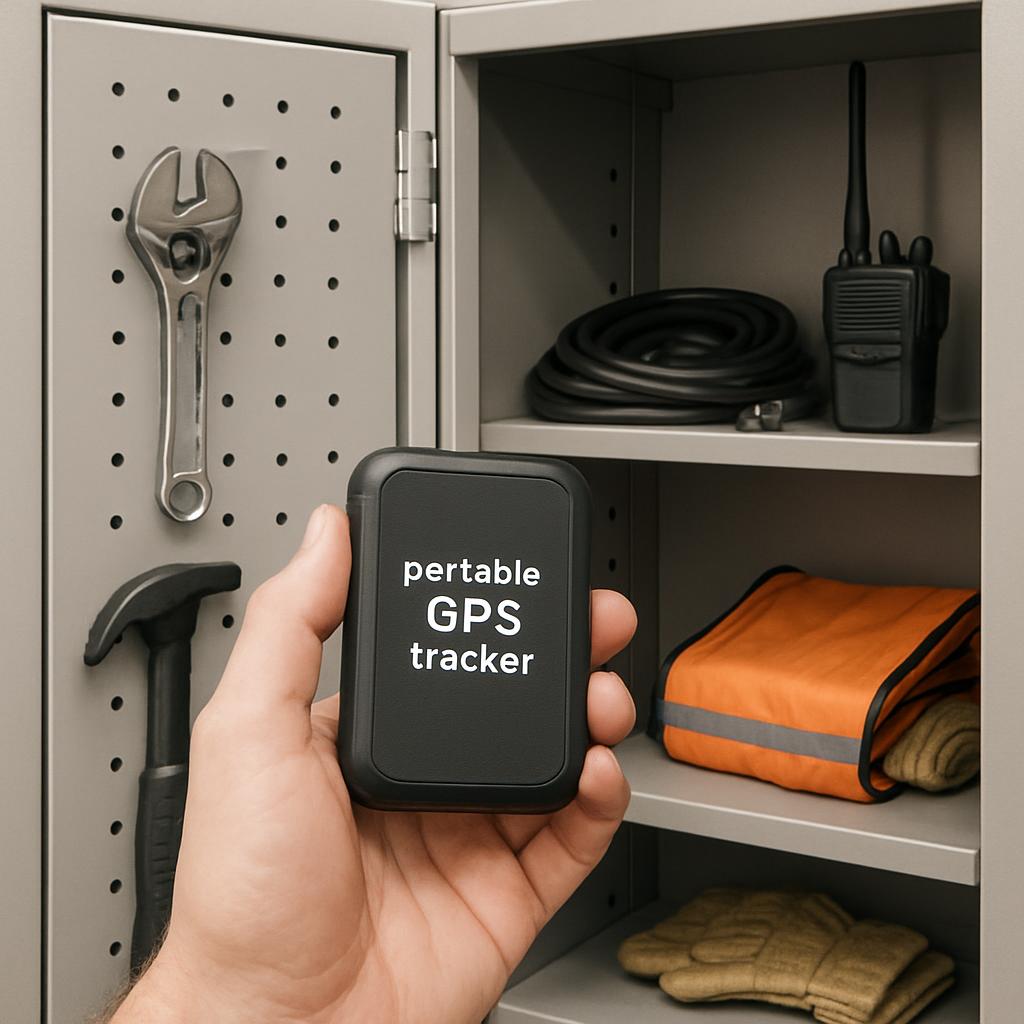 Hand holding a tiny black portable GPS tracker is shown in front of an interior grey metal storage cabinet with gray shelv...