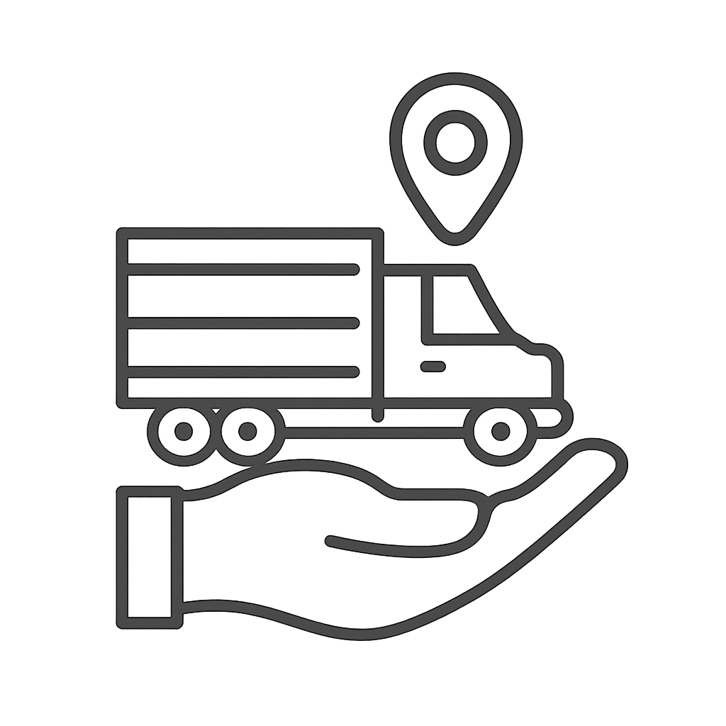 An icon of a hand with a truck on top of it, featuring a map pin pointing to the location of the truck.